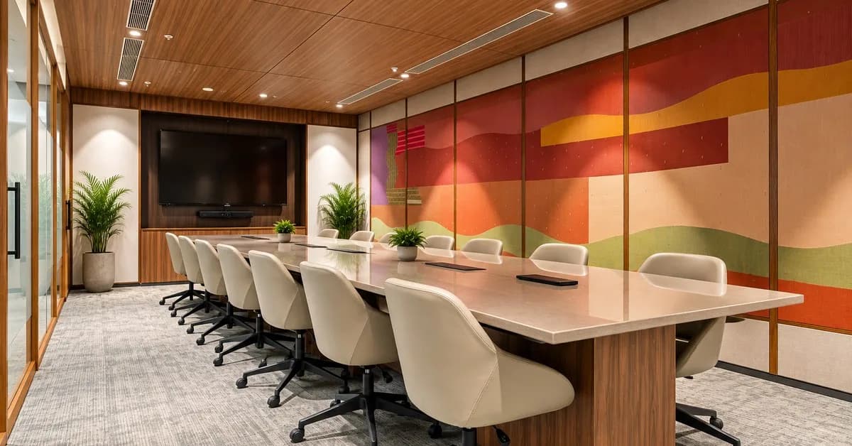 ClayWorks boardroom with a long conference table, display screen and colourful textile wall